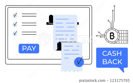 A digital checkout screen includes a pay button, completed checklist, receipt, and cashback icon with a Bitcoin symbol. Ideal for online transactions, cryptocurrency, cashback offers, digital 123175705