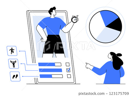 Mobile phone with fitness icons and progress bars. Man in phone pointing at data and woman pointing at pie chart. Ideal for fitness tracking, mobile apps, data visualization, health monitoring, user 123175709