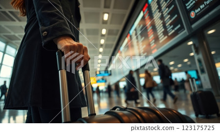 A woman's hand holding a suitcase handle A woman's hand holding a suitcase handle 123175725
