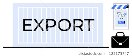 Large word EXPORT on shipping container. Smartphone with shopping cart symbol and suitcase. Ideal for trade, logistics, e-commerce, business management, global shipping. Flat illustration style Large word EXPORT on shipping container. Smartphone with shopping cart symbol and suitcase. Ideal for trade, logistics, e-commerce, business management, global shipping. Flat illustration style 123175747