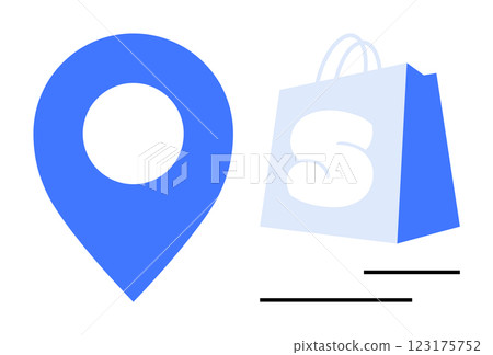 Set against a white background, a blue location pin symbol and a grey shopping bag with a white S are visible. Ideal for online shopping e-commerce retail navigation maps delivery businesses shopping 123175752