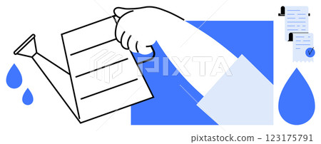 A hand waters a paper document using a watering can. Ideal for themes like nurturing, growth, legal care, contract management, and the importance of documentation. Simple vector style A hand waters a paper document using a watering can. Ideal for themes like nurturing, growth, legal care, contract management, and the importance of documentation. Simple vector style 123175791