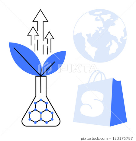 Laboratory flask with a plant growing out of it next to a globe and shopping bag. Ideal for environmental conservation, green technology, sustainable business, eco-friendly products, and innovation Laboratory flask with a plant growing out of it next to a globe and shopping bag. Ideal for environmental conservation, green technology, sustainable business, eco-friendly products, and innovation 123175797
