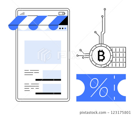 A smartphone screen with an online store, a Bitcoin symbol connected to technology lines, and a discount voucher. Ideal for e-commerce, cryptocurrency, discounts, online transactions, digital 123175801