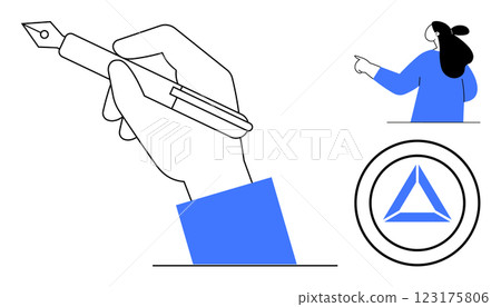 Hand holding a pen, a person pointing, and a geometric logo in blue and black. Ideal for business presentations, creative projects, marketing campaigns, educational materials, advert designs Hand holding a pen, a person pointing, and a geometric logo in blue and black. Ideal for business presentations, creative projects, marketing campaigns, educational materials, advert designs 123175806