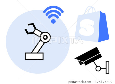 Simplified robotic arm inside blue circle with wireless signal, blue shopping bag with letter S, and surveillance camera. Ideal for technology, automation, retail, e-commerce, security. Flat 123175809