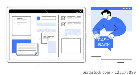 Man holding a cash back sign and an interface with multiple panels and checkboxes. Ideal for e-commerce, online shopping, payment services, user interfaces, financial technology. Clean line art style 123175859