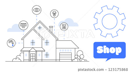 A house with interconnected smart devices such as cameras, lights, HVAC, and washing machines represented. Large gear and shop sign on the right. Ideal for smart home tech, online shopping, home 123175868
