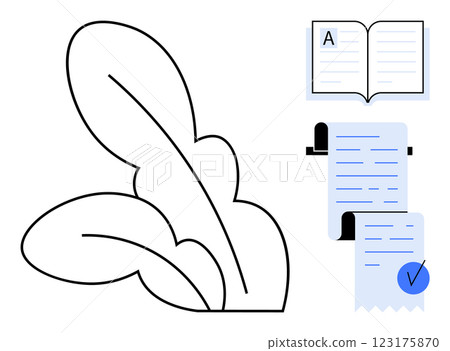The artwork shows abstract leaves, an open book, and a document with a checkmark. Ideal for education, nature themes, organization, productivity, and eco-friendly designs. Minimalist vector style The artwork shows abstract leaves, an open book, and a document with a checkmark. Ideal for education, nature themes, organization, productivity, and eco-friendly designs. Minimalist vector style 123175870