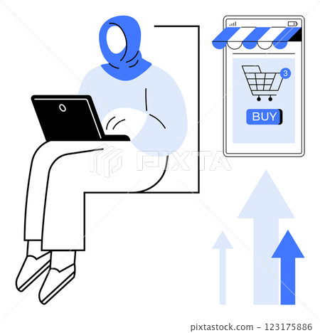 Outlined human sitting with a laptop, shopping cart notification on a mobile screen with a blue BUY button and growth arrows Ideal for e-commerce, online shopping, digital marketing, technology Outlined human sitting with a laptop, shopping cart notification on a mobile screen with a blue BUY button and growth arrows Ideal for e-commerce, online shopping, digital marketing, technology 123175886