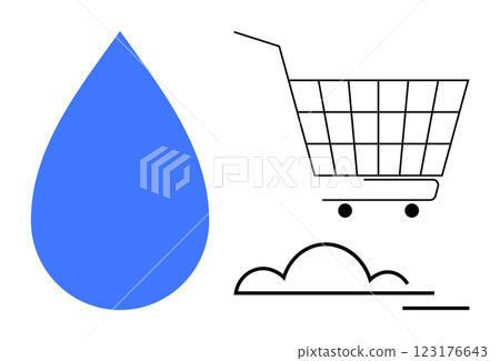 Blue water drop and black shopping cart with a cloud outline. Ideal for water conservation, shopping, cloud computing, minimalistic design, eco-friendly themes. Modern minimalist design style 123176643