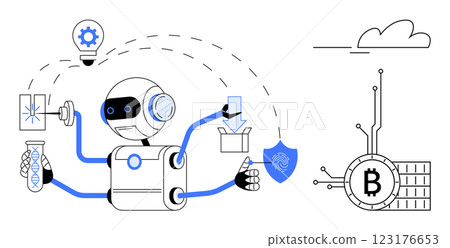 A multi-armed robot interacting with scientific instruments, a light bulb, a shield, Bitcoin, and a database. Ideal for automation, robotics, artificial intelligence, blockchain technology 123176653