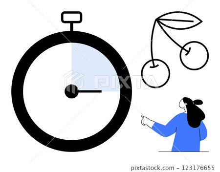 Black stopwatch with a blue segment a cherry with leaves and a person in blue pointing, to direction Ideal for time management health awareness direction guidance minimalistic activities and education Black stopwatch with a blue segment a cherry with leaves and a person in blue pointing, to direction Ideal for time management health awareness direction guidance minimalistic activities and education 123176655