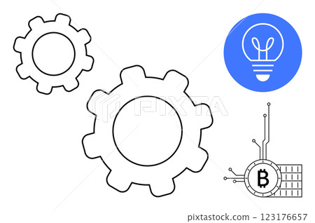 Two interlocking gears beside a Bitcoin symbol and a lightbulb represent innovation and technology. Ideal for themes cryptocurrency, blockchain, efficiency, innovation, digital technology. Modern Two interlocking gears beside a Bitcoin symbol and a lightbulb represent innovation and technology. Ideal for themes cryptocurrency, blockchain, efficiency, innovation, digital technology. Modern 123176657