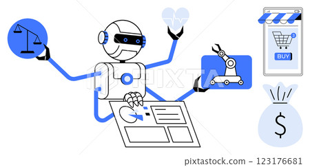 A robot with multiple arms interacting with various objects such as scales, heart, robotics, and a shopping cart. Ideal for technology, automation, artificial intelligence, e-commerce, and robotics A robot with multiple arms interacting with various objects such as scales, heart, robotics, and a shopping cart. Ideal for technology, automation, artificial intelligence, e-commerce, and robotics 123176681