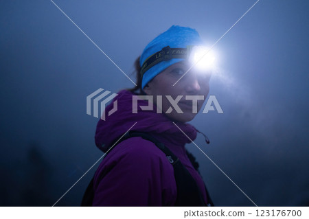 Determined Woman Trail Running at Night, Illuminated by a Headlamp in the Mountain Wilderness. 123176700