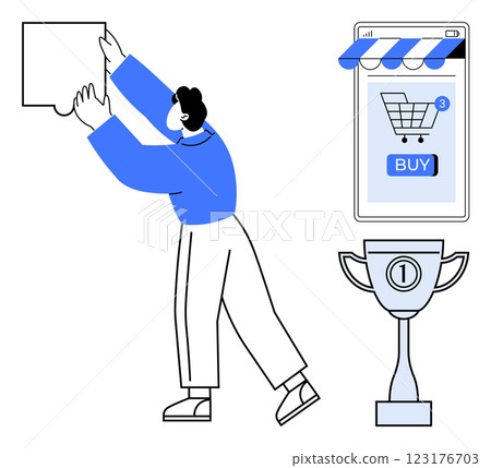 Person placing large puzzle piece, e-commerce mobile shopping app with buy button, and trophy for achievement. Ideal for e-commerce, online retail, customer satisfaction, achievement, and success 123176703