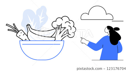Bowl of vegetables including carrots, bananas, broccoli with a woman in blue pointing at a cloud in the sky. Ideal for healthy eating, nutrition, wellness, lifestyle, and food promotion. Modern 123176704
