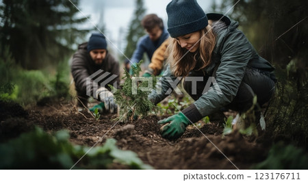 Multinational team of volunteers planting trees and working on a reforestation project for environmental conservation. Generated image 123176711