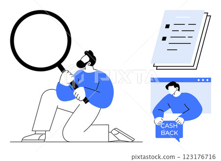 Man holding a magnifying glass kneels near documents and a cash-back advertisement on a computer screen. Ideal for financial analysis, research, savings, online transactions, and document review 123176716