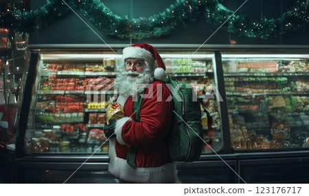 Santa Claus Shopping in a Festive Green Suit at a Grocery Store. Generated image 123176717