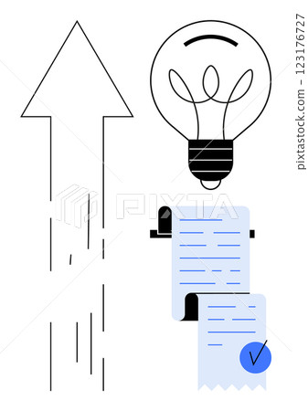 An upward arrow, a lightbulb, and a rolled checklist reflecting business growth, innovation, and planning. Ideal for business strategy, project management, development, creative thinking 123176727