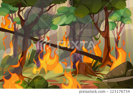 Forest fire or wood combustion, trees burning. Vector symbol for wildfire danger and ignition hazard. Flaming disaster and wilderness crisis warning. Forestry and nature, environment and ecology. 123176734
