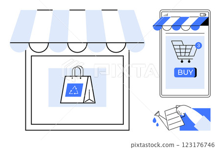 A storefront with an eco-friendly shopping bag, a smartphone displaying a shopping cart and BUY button, and a hand holding a delivery box. Ideal for online shopping, e-commerce, sustainability A storefront with an eco-friendly shopping bag, a smartphone displaying a shopping cart and BUY button, and a hand holding a delivery box. Ideal for online shopping, e-commerce, sustainability 123176746