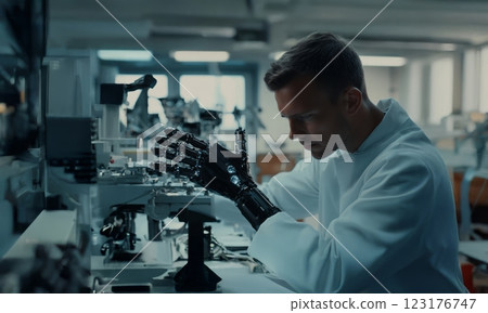 Robotics engineer calibrating a robotic prosthetic hand, showcasing advanced medical technology. Generated image 123176747