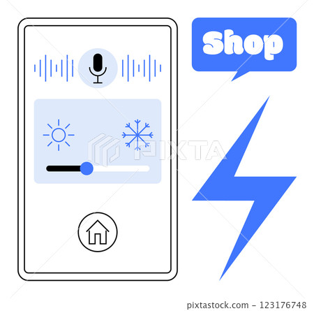 Smartphone interface with voice command button, temperature slider, home button, online shopping icon, and lightning bolt symbol. Ideal for smart home, technology, online shopping, voice control Smartphone interface with voice command button, temperature slider, home button, online shopping icon, and lightning bolt symbol. Ideal for smart home, technology, online shopping, voice control 123176748