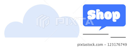 Light blue cloud shape on the left and a blue speech bubble with the word Shop on the right. Ideal for online shopping cloud computing digital services retail stores ecommerce platforms advertising Light blue cloud shape on the left and a blue speech bubble with the word Shop on the right. Ideal for online shopping cloud computing digital services retail stores ecommerce platforms advertising 123176749