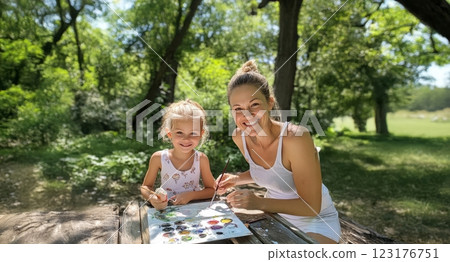 A mother and daughter joyfully painting on a canvas during a forest picnic. Generated image A mother and daughter joyfully painting on a canvas during a forest picnic. Generated image 123176751