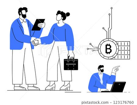 Two business professionals shaking hands symbolizing a partnership. Nearby, an individual is working on a laptop pointing towards a Bitcoin symbol. Ideal for cryptocurrency, business deals 123176760