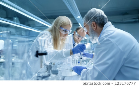 Diverse team of male and female medical research scientists working on new pharmaceutical products in a modern laboratory. Generated image Diverse team of male and female medical research scientists working on new pharmaceutical products in a modern laboratory. Generated image 123176777