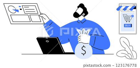 Business person analyzing data on a screen holding a money bag in front of a laptop. Online store with shopping cart icon. Ideal for online sales, e-commerce analytics, digital marketing, financial Business person analyzing data on a screen holding a money bag in front of a laptop. Online store with shopping cart icon. Ideal for online sales, e-commerce analytics, digital marketing, financial 123176778