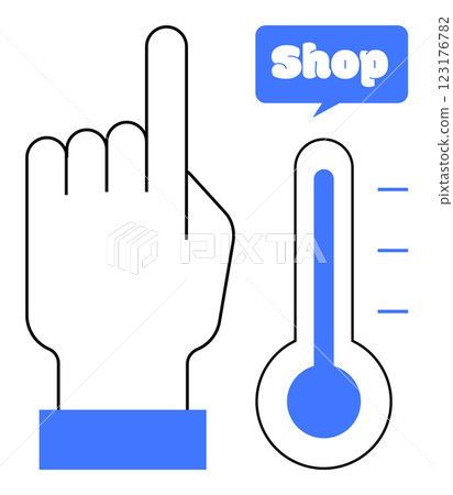 A raised hand pointing up with a thermometer-like icon and a speech bubble with the word, Shop in blue Ideal for e-commerce digital marketing user interface sales and promotions online shopping A raised hand pointing up with a thermometer-like icon and a speech bubble with the word, Shop in blue Ideal for e-commerce digital marketing user interface sales and promotions online shopping 123176782
