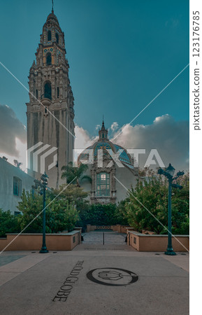 St Francis Chapel domes  over the Museum of US and California Tower  Balboa Park, San Diego, California, USA 123176785