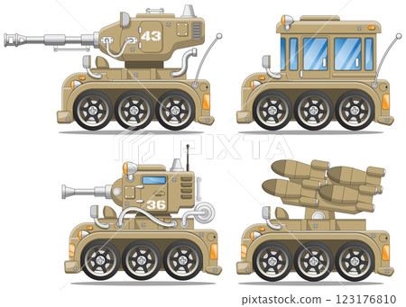 A set of combat vehicles. Side view. Isolated on white background. Vector illustration. 123176810