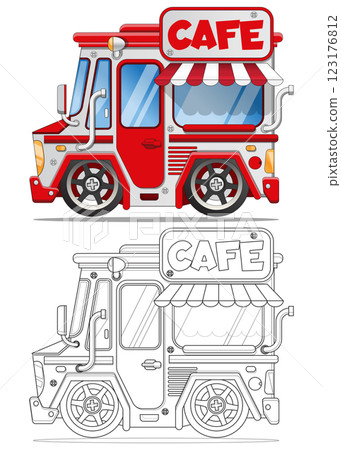 Van with a mobile cafe. Side view. Coloring. Isolated on white background. Vector illustration. illustration. 123176812