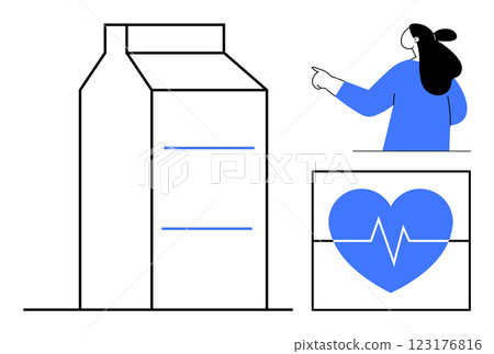 A milk carton and a heart with a heartbeat line are highlighted by a woman in blue. Ideal for health, nutrition, dairy benefits, heart health, and dietary awareness themes. Minimalist vector style A milk carton and a heart with a heartbeat line are highlighted by a woman in blue. Ideal for health, nutrition, dairy benefits, heart health, and dietary awareness themes. Minimalist vector style 123176816