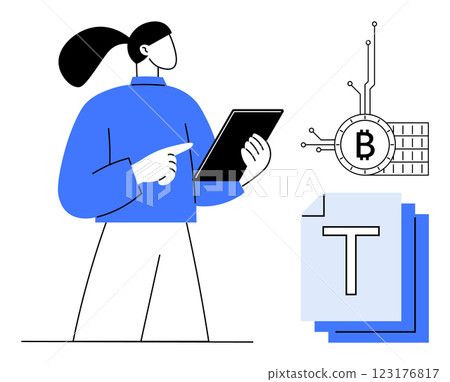 A person in a blue shirt holds a tablet while reviewing documents. Nearby is a blockchain symbol with a Bitcoin icon, indicating a focus on cryptocurrency, digital finance, and technology. Ideal for A person in a blue shirt holds a tablet while reviewing documents. Nearby is a blockchain symbol with a Bitcoin icon, indicating a focus on cryptocurrency, digital finance, and technology. Ideal for 123176817