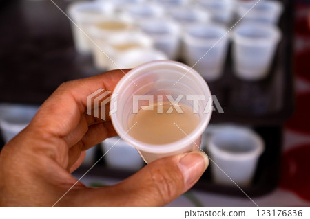 Traditional pulque drink. Tourist guide showing the importance of the agave plant for the antique cultures to a group of tourists at the Teotihuacan archaeological site. 123176836
