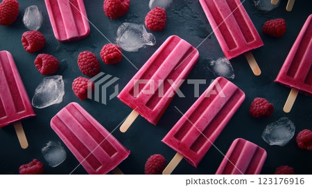 creamy raspberry yogurt popsicles with vibrant red fruit swirl, soft pink hue, arranged on white marble background, fresh raspberries scattered around creamy raspberry yogurt popsicles with vibrant red fruit swirl, soft pink hue, arranged on white marble background, fresh raspberries scattered around 123176916