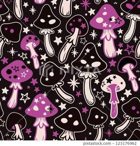Seamless illustration of several stylized mushrooms and stars 123176962