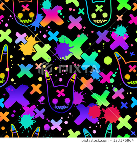 Bright seamless pattern with crosses, paint splashes and animals 123176964
