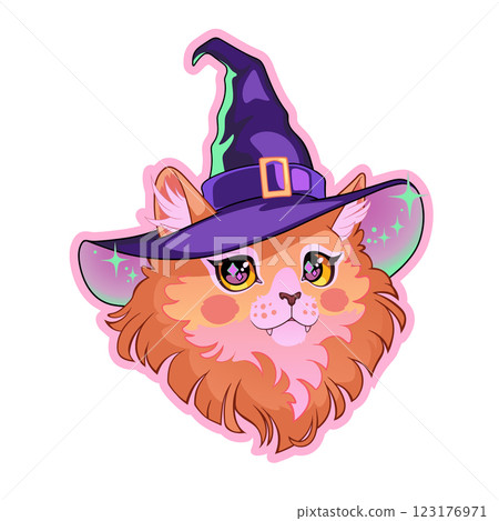 Drawing of a cute red cat wearing a pointed witch hat Drawing of a cute red cat wearing a pointed witch hat 123176971