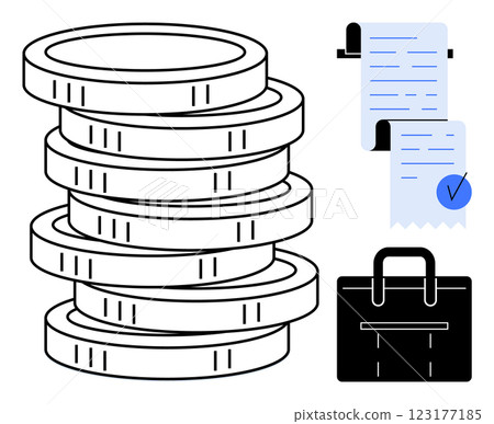 Stack of coins, two receipts with a blue checkmark and a black briefcase Ideal for finance, accounting, business, budget management, and investment. Simple and clean vector style 123177185