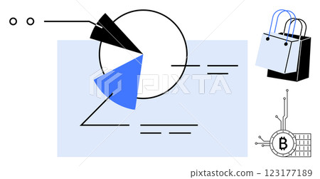 Circular pie chart with sections, shopping bags, representative diagram of cryptocurrency, and simplified data analytics. Ideal for business analysis, e-commerce, cryptocurrency, financial 123177189