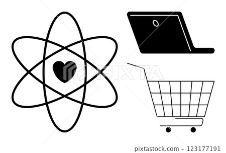 Atomic symbol with heart, laptop, and shopping cart. Ideal for education, technology, e-commerce, health, and innovation themes. Minimalistic style. Black and white color scheme. Simple and clean Atomic symbol with heart, laptop, and shopping cart. Ideal for education, technology, e-commerce, health, and innovation themes. Minimalistic style. Black and white color scheme. Simple and clean 123177191
