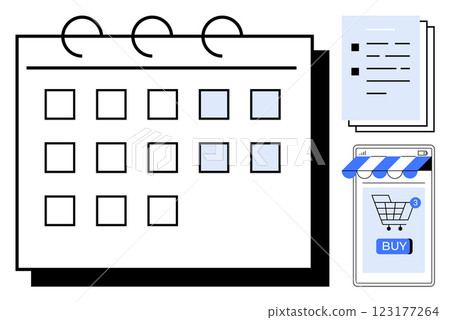 Monthly calendar with square dates, documents with checkmarks, and a mobile app showing an online shopping cart with a Buy button. Ideal for scheduling, planning, shopping, productivity, time 123177264
